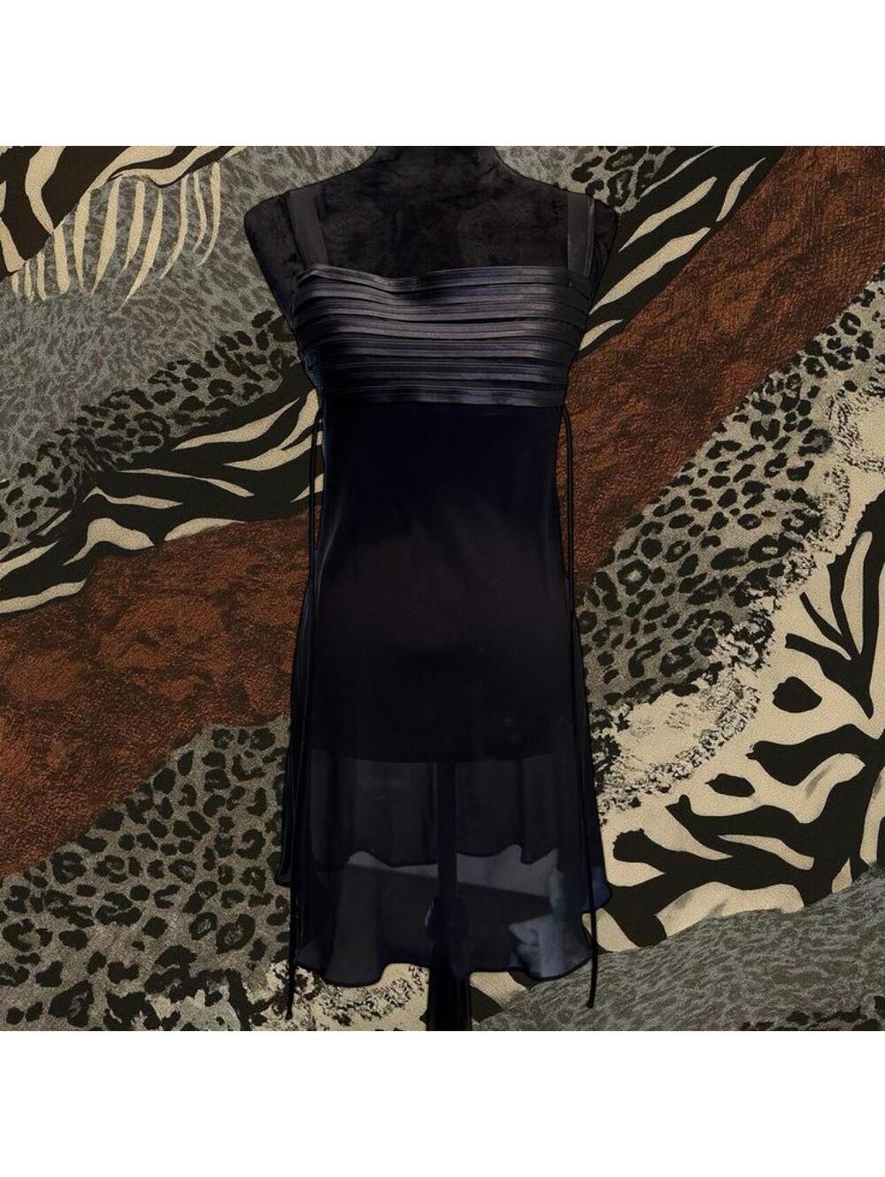 Jones New York black mesh dress with adjustable straps and tie detail.